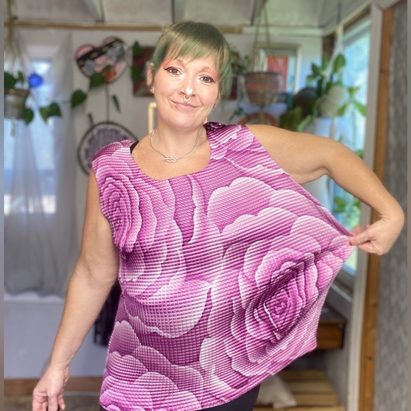 Vintage Y2K 90s Rose Floral Purple Accordion Style Blouse 1X Small Medium - Picture 9 of 16